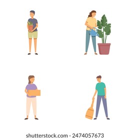 Illustrations showcasing individuals involved in different tasks such as gardening, watering plants, and sweeping