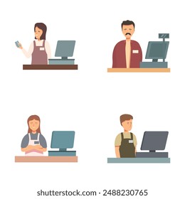 Illustrations showcasing retail employees at various tasks, including checkout and computer work