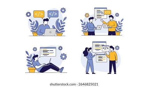Illustrations showcasing software development and coding teamwork in a digital environment with modern flat design elements and blue and yellow color palettes