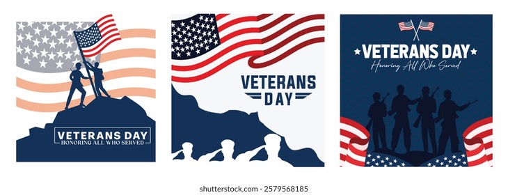 Illustrations showcasing Veterans Day tributes with patriotic designs, American flags, and soldiers. Honor military service and and remembrance for all who served. Memorial Day concept.