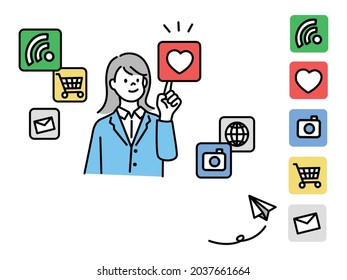 Ilustraciones que muestran conexiones de comunicación, Internet y SNS. compras netas, tecnología.