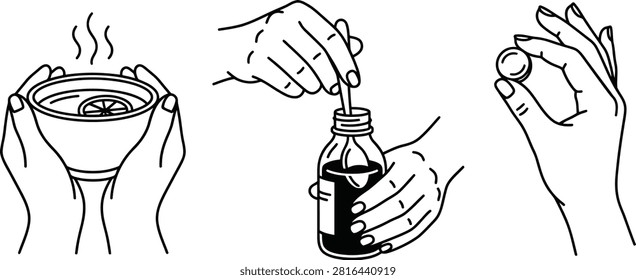 Illustrations showing different methods of self care and remedies for common ailments like the flu or a cold