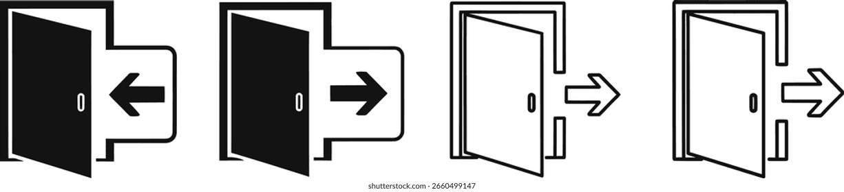 Illustrations showing the direction of door opening, indicating entrance and exit points. Includes arrow symbols and graphic design elements for clarity and guidance.