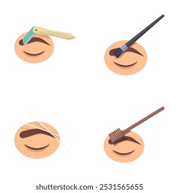 Illustrations showing the eyelash extension process with tweezers and brushes on eyes