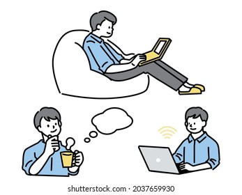 Illustrations showing relaxation, home time and lifestyle. relaxation, entertainment, side work, drinking tea, surfing the web.
