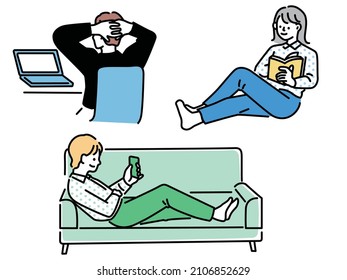  Illustrations showing relaxation, home time and lifestyle. relaxation, entertainment, side work, drinking tea, surfing the web.