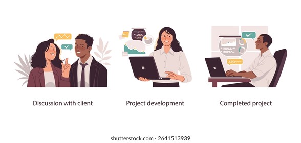 Illustrations showing stages of business project workflow: client discussion, active development, and successful completion with data visualization.