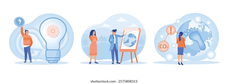 Illustrations showing sustainable energy, global environmental awareness, and reducing carbon footprints. Circular Economy concept. Set flat vector illustration.