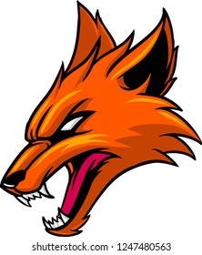 The illustrations shows a fox head that has an orange fur color. The wild animal looks aggressive showing his sharp fangs. 