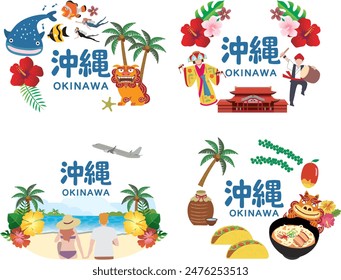 Illustrations of sightseeing spots and famous places of Okinawa travel in Japan