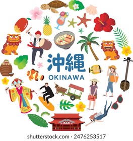 Illustrations of sightseeing spots and famous places of Okinawa travel in Japan