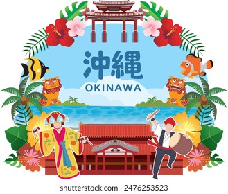 Illustrations of sightseeing spots and famous places of Okinawa travel in Japan