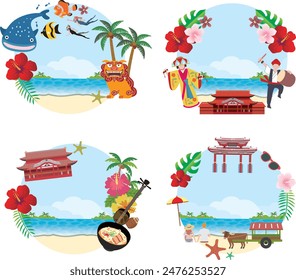 Illustrations of sightseeing spots and famous places of Okinawa travel in Japan