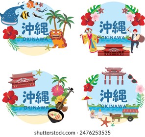 Illustrations of sightseeing spots and famous places of Okinawa travel in Japan