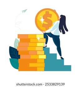 Ilustrações do site. Gestão financeira - mulher organiza seu conceito financeiro, crescimento de negócios, up.Business senhora investidor, crescimento de carreira, moedas de ouro dólar, centavos, people.Vetor ilustração