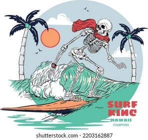 Illustrations of skeleton skull, surfing, in blue sea, somewhere on a nice sunny day.