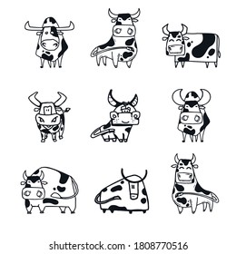 Illustrations of sketches of cartoon bulls, for design in the year of the bull, and can be used as a tattoo or logo. Children's clothing prints