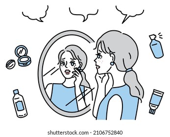  Illustrations of skin problems, rough skin, acne .
women, mirrors, fashion, fashion, fashion, beauty, skin care.