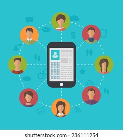 Illustrations smart phone with profile page social network and around friendship users - vector