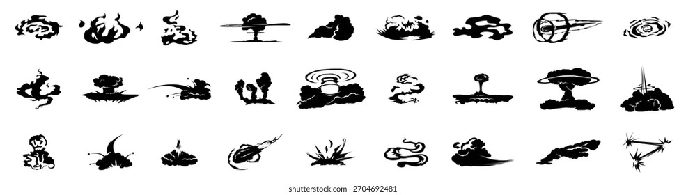 Abbildungen von Rauch, Explosion, Staub, Dampf, Nebel. Abstrakte, rauchige Wolke einzeln auf weißem Hintergrund.