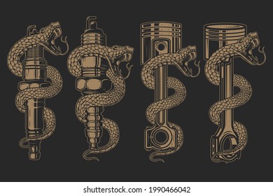 Illustrations of snake on car piston, car spark plug. Design element for poster, card, banner, sign. Vector illustration