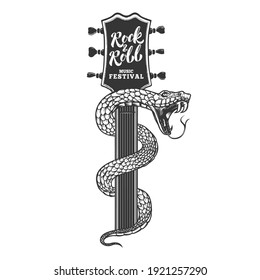 Illustrations of snake on guitar head. Design element for poster, card, banner, sign. Vector illustration