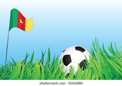 An illustrations of soccer ball, with a cameroon flag waving at the background.