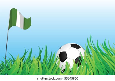 An illustrations of soccer ball, with a nigeria flag waving at the background.