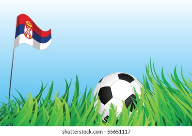 An illustrations of soccer ball, with a serbia flag waving at the background.