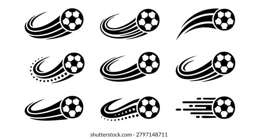 Illustrations of soccer balls with dynamic motion graphics and speed lines, Soccer balls fly fast with checkered flags and swooshes on field, A soccer player kicks a ball with speed lines and swirling motion graphics around it.