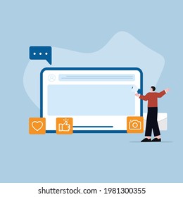 illustrations from social media getting likes with users with large followers. A man carries a speaker to broadcast a message.