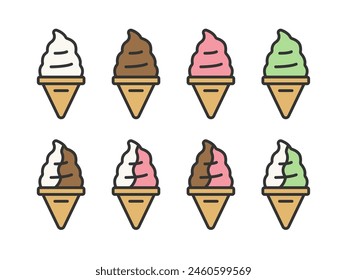 Illustrations of soft serve ice cream icons (color line drawings) of various flavors.