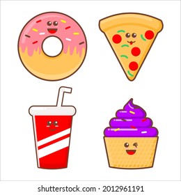 Illustrations some of food and drink.Kawaii style vector isolated for doodle, drawing book and greeting card 