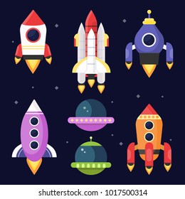 Illustrations of space with shuttles. Vector pictures rocket and shuttle spaceship, travel in galaxy
