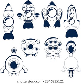 illustrations space theme aliens, spaceships, rockets, astronauts, cartoon style 