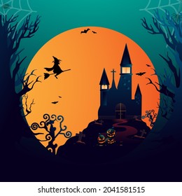 illustrations spooky castle under the full moon with a witch and bats flying at background surrounding with a graveyard