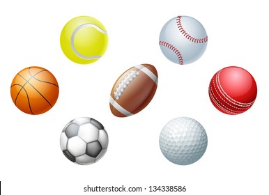 Illustrations of sports ball icons, including cricket ball, football and soccer ball, baseball ball and tennis ball, golf ball and basket ball.