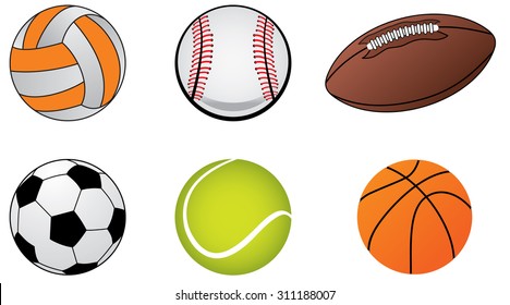 Illustrations of sports ball icons,soccer ball, baseball ball, tennis ball  and basket ball.