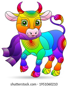 Illustrations in the stained glass style with abstract cartoon bull, animal isolated on a white background