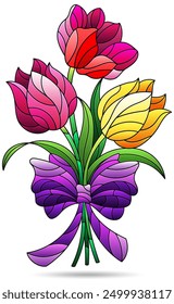 Illustrations in stained glass style with bouquet of  tulips, isolated on a white background