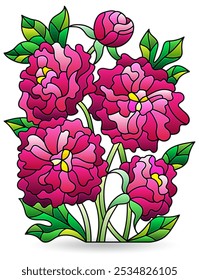 Illustrations in stained glass style with bouquet of peony, isolated on a white background