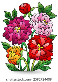 Illustrations in stained glass style with bouquet of peony, isolated on a white background