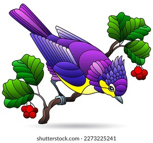 Illustrations in stained glass style with bright bird, animal on branches isolated on a white background
