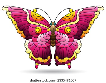 Illustrations in a stained glass style with bright butterflie, insect isolated on a white background