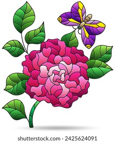 Illustrations in a stained glass style with bright rose flower, isolated on a white background