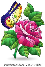 Illustrations in a stained glass style with bright rose flower and butterfly, isolated on a white background