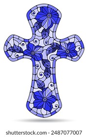 Ilustraciones en el estilo vitral con flores de cruz cristiana, cruz aislada sobre fondo blanco, monocromo, tono azul