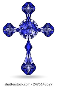 Illustrations in the stained glass style with of Christian cross with flowers, cross isolated on white background, monochrome, tone blue