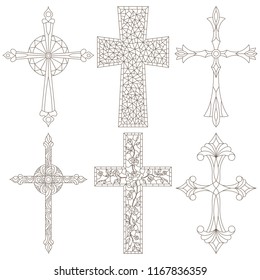 The illustrations in the stained glass style with a contoured Christian crosses,dark outlines on white background