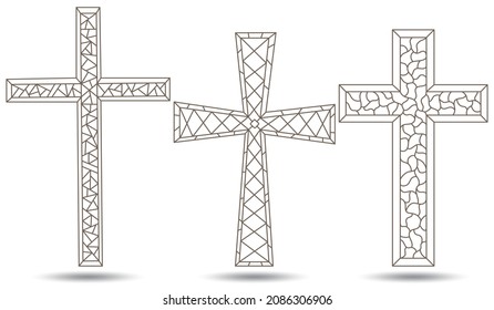 The Illustrations In The Stained Glass Style With A Contoured Christian Crosses,dark Outlines On White Background